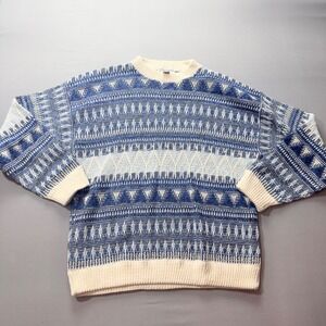 JJ Cochran Mens XL Geometric Pattern Knit Sweater Crew Neck Blue Cream Made USA